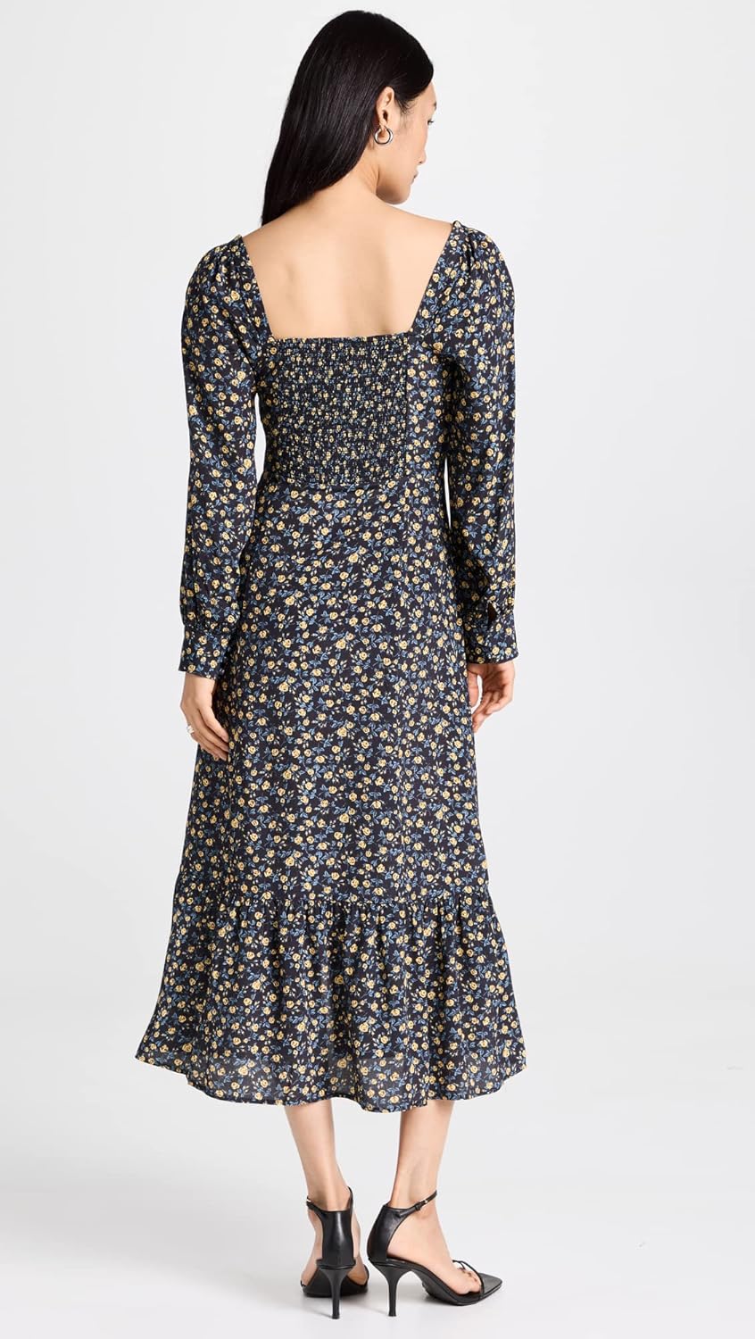 PAIGE Women's Bacari Long Sleeve Midid Dress with Smocking in The Back in Black Multi