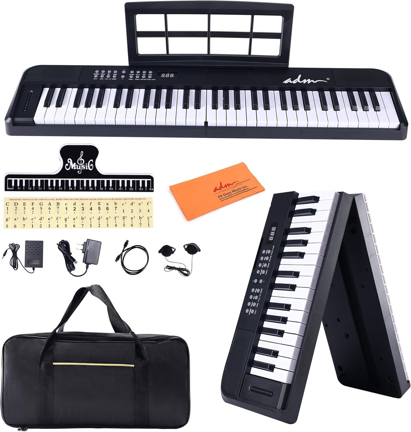 ADM 61 Key Folding Electric Piano Keyboard, Foldable Electronic Keyboard, Wireless 128 Tones, 128 Rhythms Includes Pedal, Gig Bag, Headphones for Beginners, Students, Teenagers, Adults, Black
