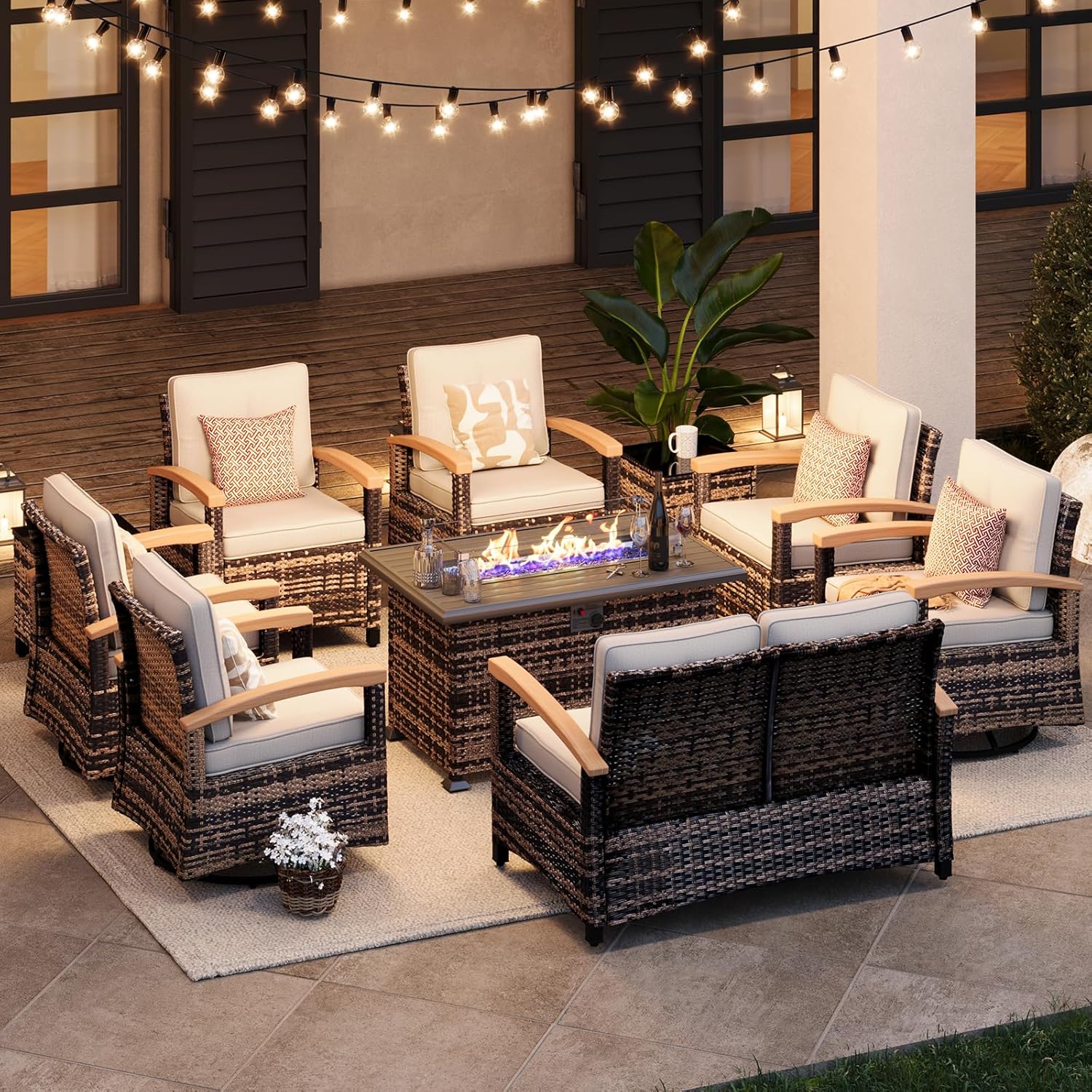 MEISSALIVVE 10 Pieces Patio Furniture Sets with Fire Pit Table, Wicker Outdoor Conversation Sets with 4 Swivel Rocker Chairs, 2 Single Chairs, 2-seat Sofa and Side Table(Brown)