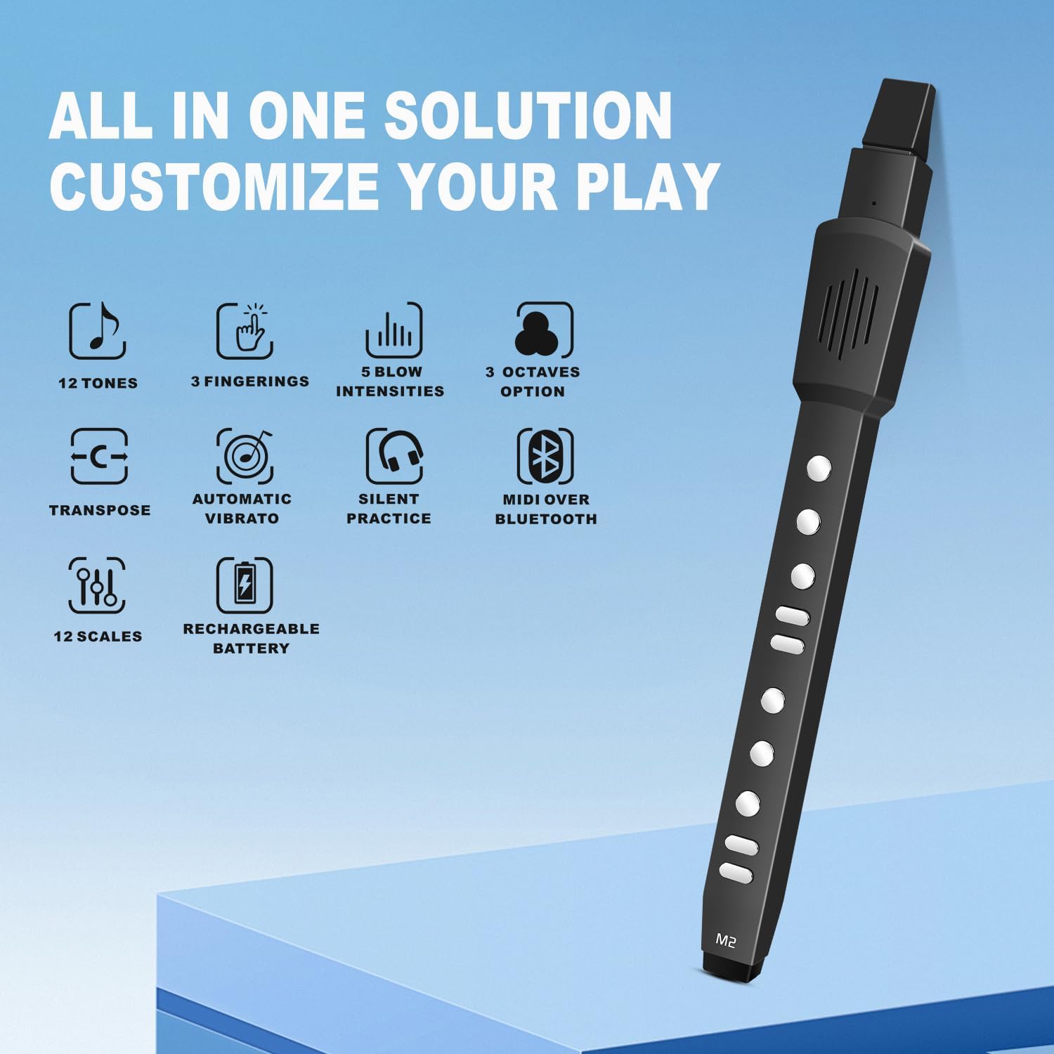 EX Electric Digital Wind Instrument, Electric Saxophone, with 12 Tones, 3 Fingering Modes, 3-Octave Range, Auto Vibrato & Transpose, Bluetooth MIDI & Rechargeable, Black