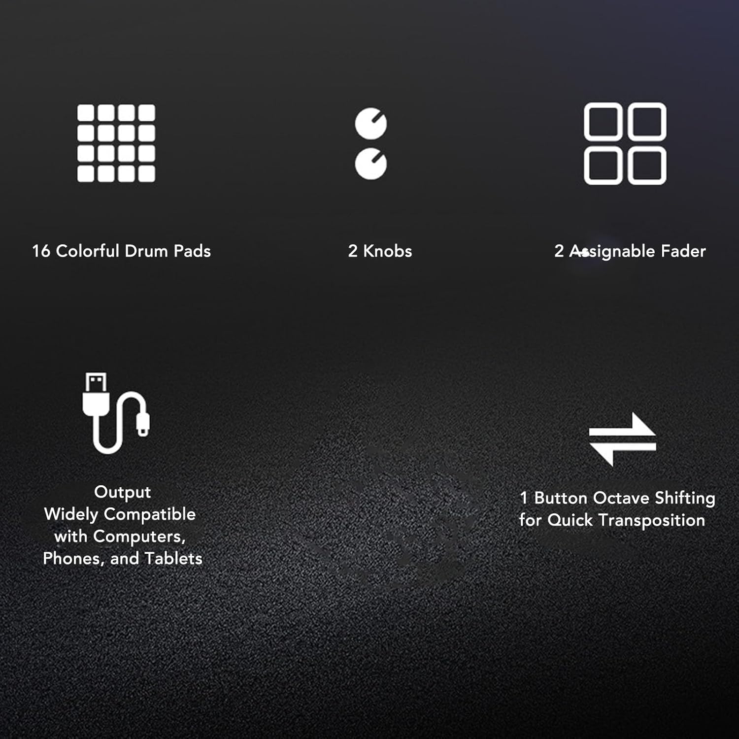 MIDI Pad Beat Maker Machine, Drum Machine with 16 Backlit Drum Pads, 2 Assignable Fader and 2 Adjustable Knobs, Portable RGB Drum Pad for Music Production