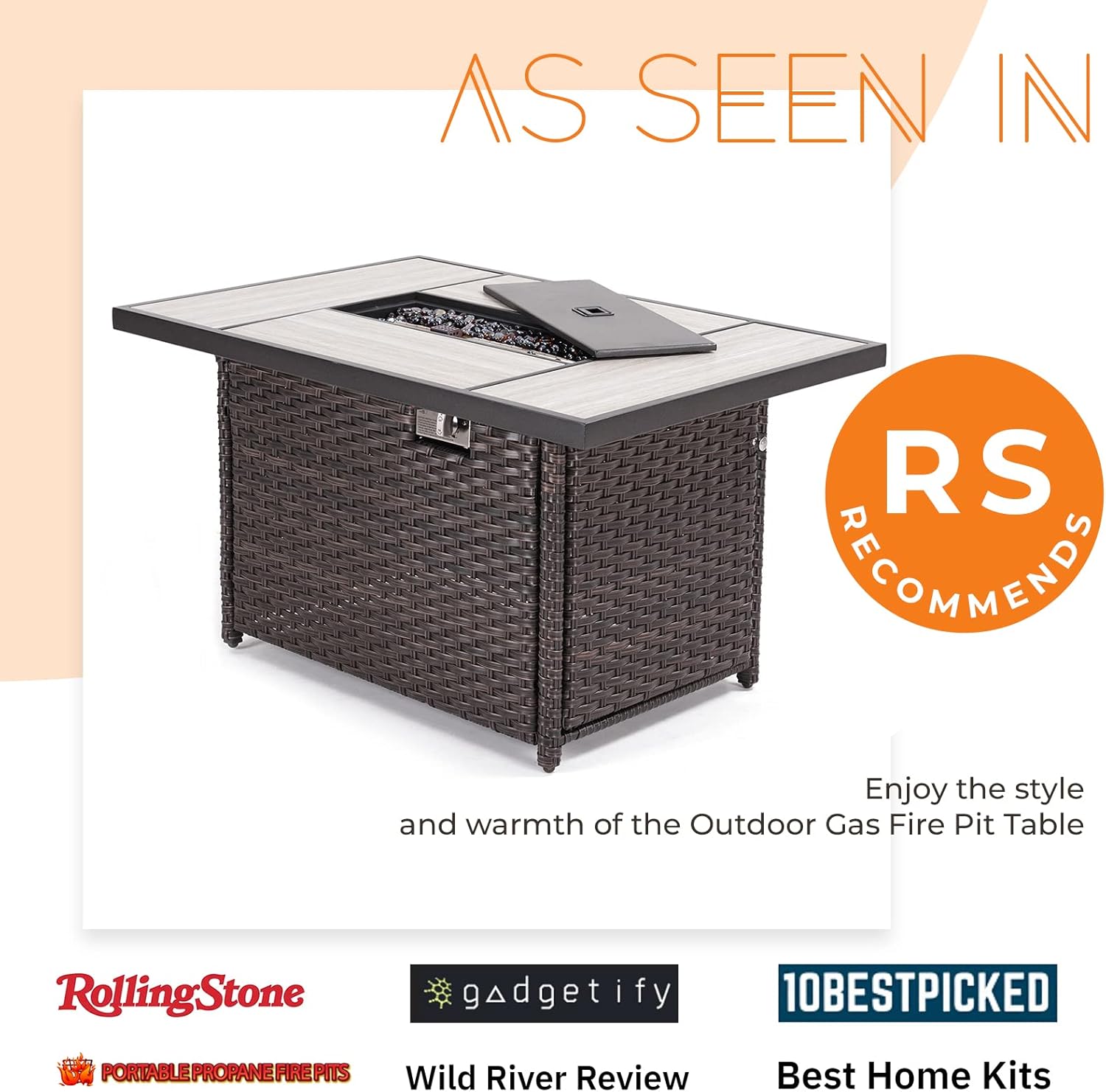 Grand Patio Outdoor 43-Inch CSA Safety Approved Gas Fire Pit Table 60,000 BTU Rectangle Propane Fire Pit with Ceramic Tile Top and Wicker Base