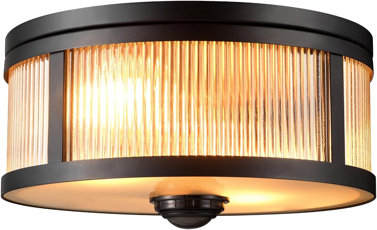 GLOBE Electric 60000123 2-Light Motion Activated Outdoor Flush Mount Ceiling Light, Matte Black, Ribbed Glass Shade, Frosted Lens, 360-Degree Detection, 25ft Range, Weather Resistant, Kitchen Décor