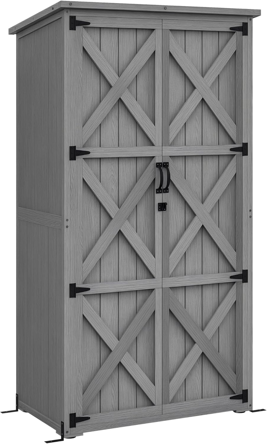 Outsunny Wooden Garden Shed, Outdoor Storage Cabinet with Waterproof Asphalt Roof, Narrow Tool Shed with Shelves and Lockable Doors, Gray