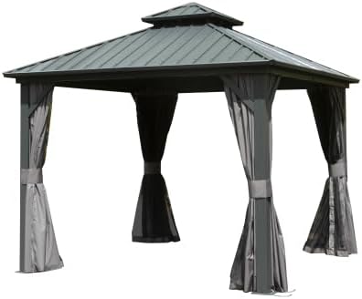 Patio Gazebo Hard Top Roof Waterproof 8' X 8' ，Outdoor Pergolas and Gazebos Galvanized Steel Pavilion Canopy with Netting for Patio, Backyard Pergola Awning Tent, Deck，Easy to Assemble,Gray