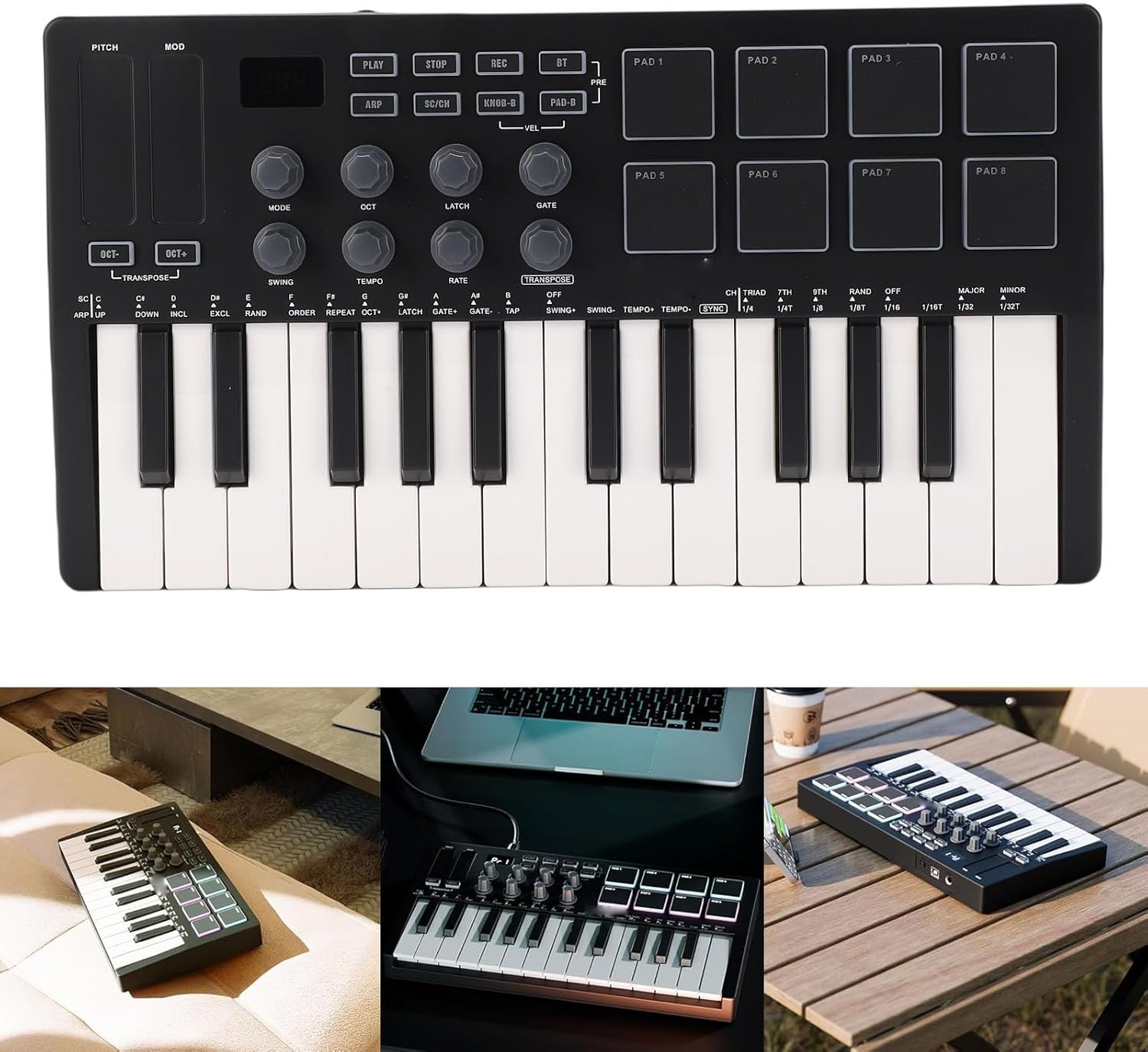 25 Keys MIDI Keyboard Controller, with 8 RGB Backlit Pads & 8 Knobs, Beat Maker, for Music Production