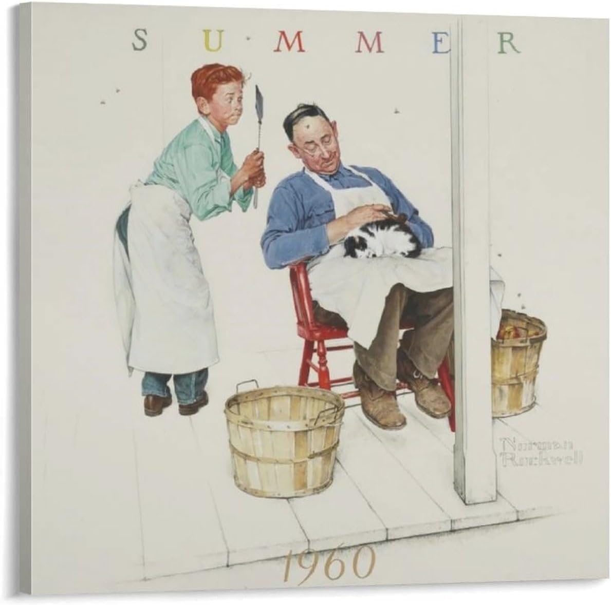 JU XIANG Norman Rockwell Prints,BOY AND SHOPKEEPER THE FLY SWATTER Poster Posters Wall Art Painting Canvas Gift Living Room Prints Bedroom Decor Poster Artworks 28x28inch(70x70cm)