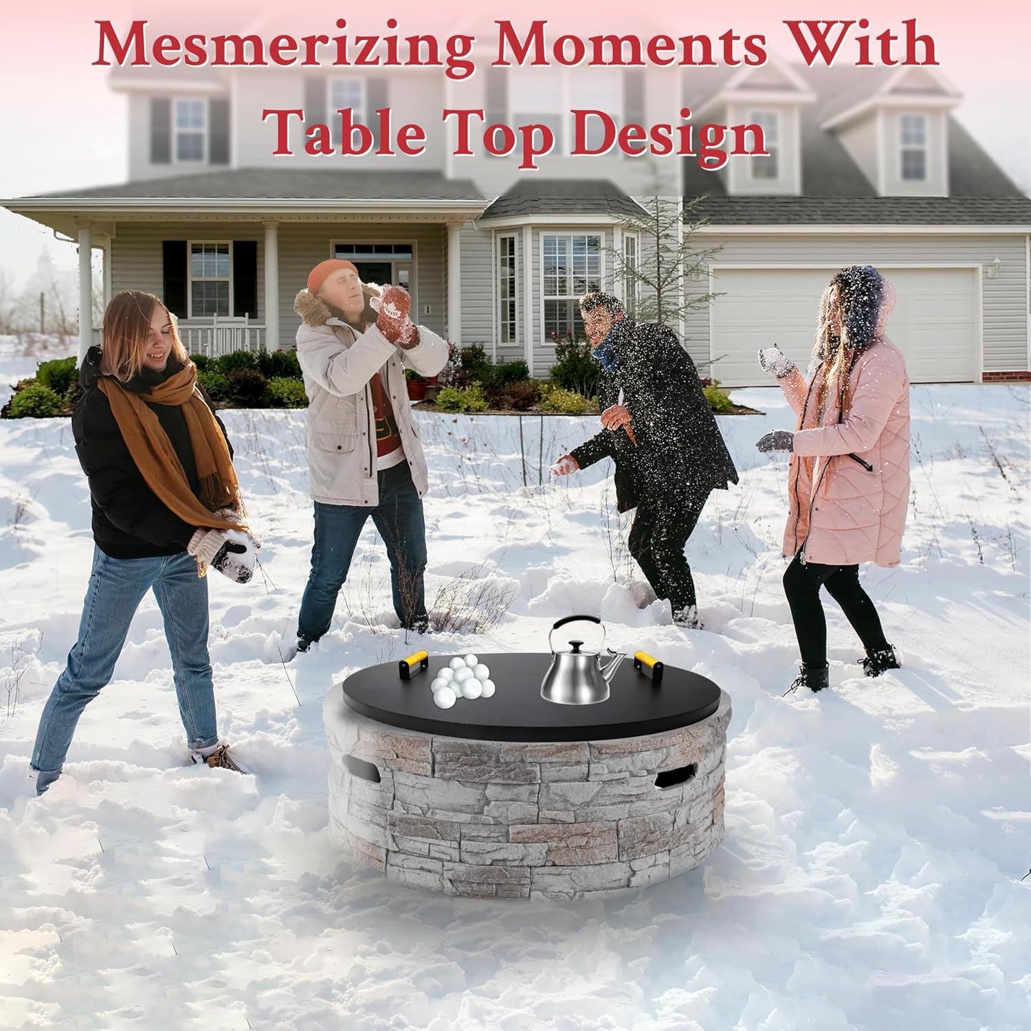 28” firepit lid round for inside up to 26” gas fire pit lid for Outdoor Fireplace Cover - Steel fire pit metal cover W/ 2 Wooden Handles & Powder Coated Snuffer Lid for Round Patio FirePit Ring