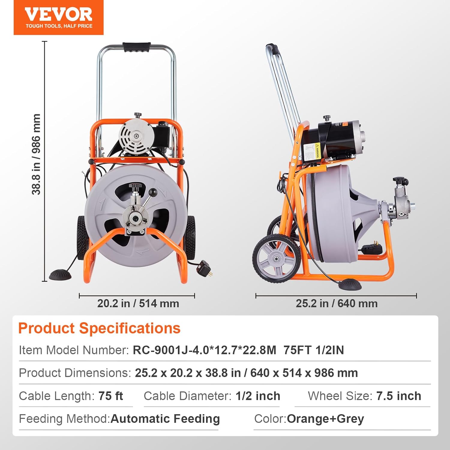 VEVOR Drain Cleaner Machine 75FT x 1/2 Inch, Auto Feed Sewer Snake Drain Auger on Wheels, Portable Drain Cleaning Machine with 8 Cutters & Air-activated Foot Switch for 2