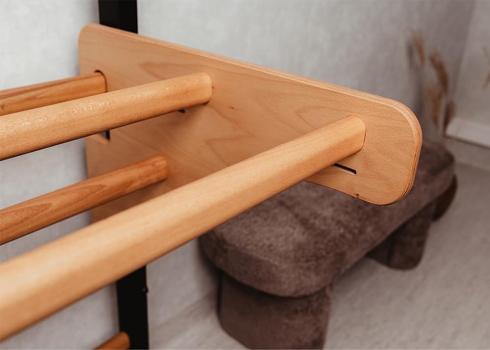 211B+A076 Wallbars, Stall Bars, Swedish Ladder, Gymnastic Ladder with 8 Beech Oval Rungs, Adjustable Beech Wooden Pull Up Bar and Gymnastic Accessories Such as Wooden Rings