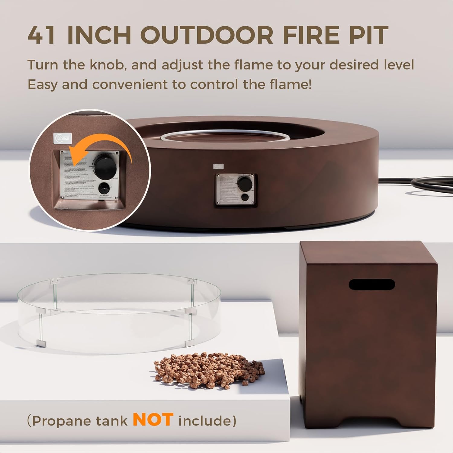 SUNBURY Outdoor Propane Fire Pit,Dark Brown Patio Fire Table 50000 BTU w 20 Gallon Tank Cover, Glass Wind Guard, Waterproof Cover