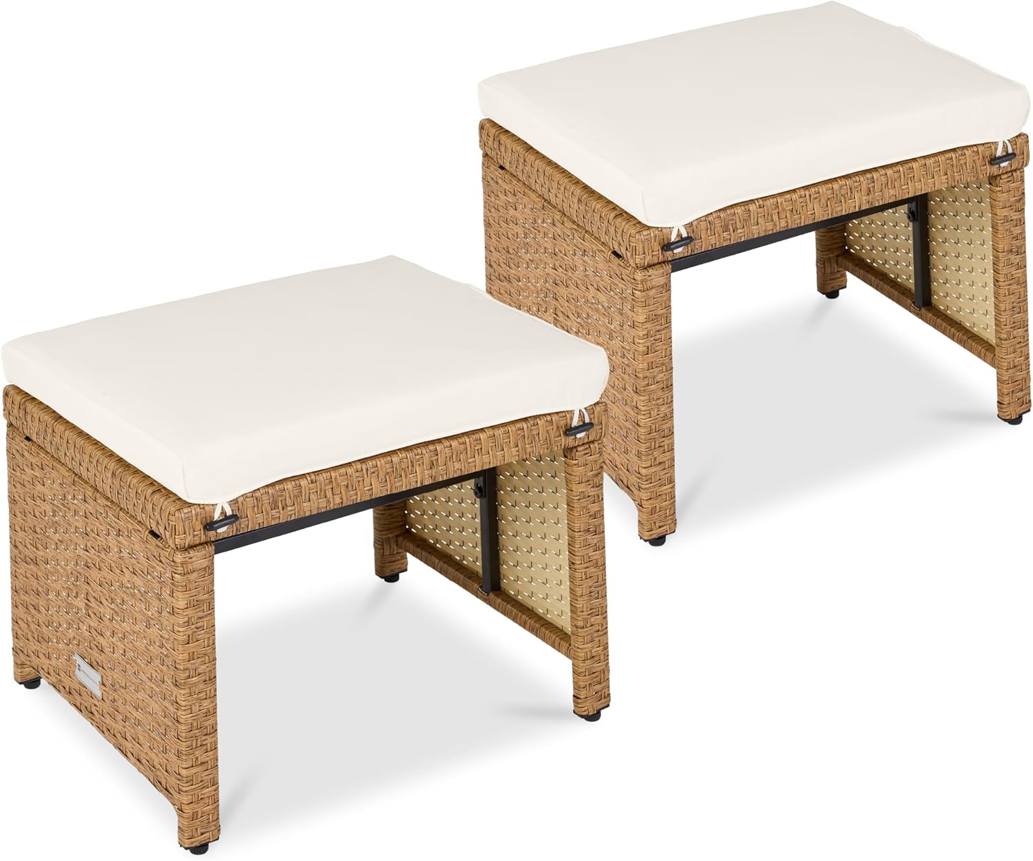 Best Choice Products Set of 2 Wicker Ottomans, Multipurpose Outdoor Furniture for Patio, Backyard, Additional Seating, Footrest, Side Table w/Removable Cushions, Steel Frame - Ivory/Natural