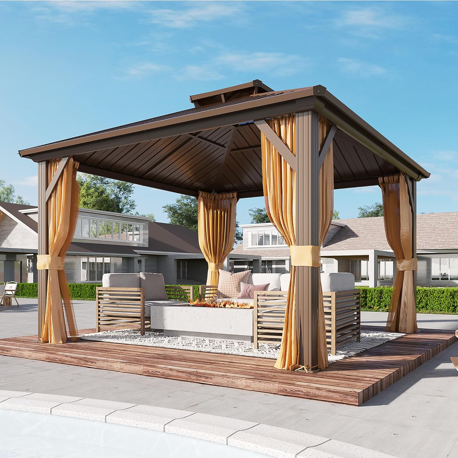 YOLENY 12' x 12' Gazebo Hardtop with Aluminum Frame,Galvanized Steel Double Roof Gazebos with Curtain and Netting,Outdoor Metal Pergolas for Garden, Lawn, Deck, Brown