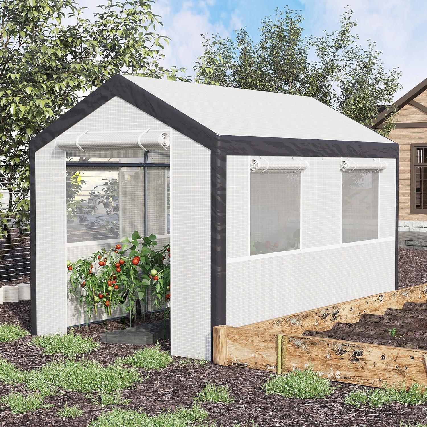 10' x 7' White Walk-in Greenhouse, Outdoor Garden House with 4 Roll-Up Windows, 2 Zippered Doors & Weatherproof Cover, Portable Plant Nursery for Backyard