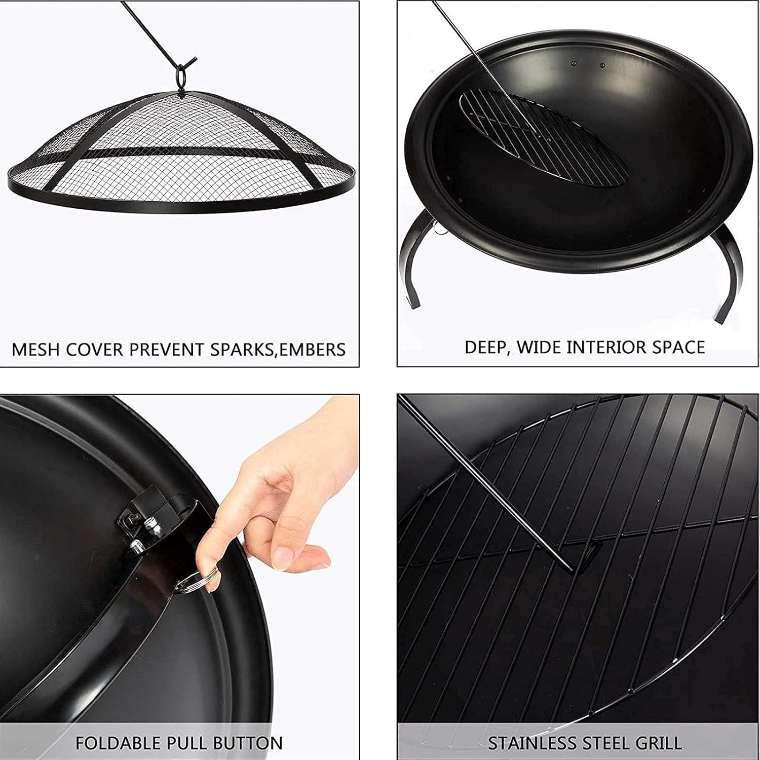 20 Inch oldable Outdoor Firebowl, Wood Burning BBQ Fire Pit with Fireplace Poker Firepits, Log Grate, Poker for Patio Backyard