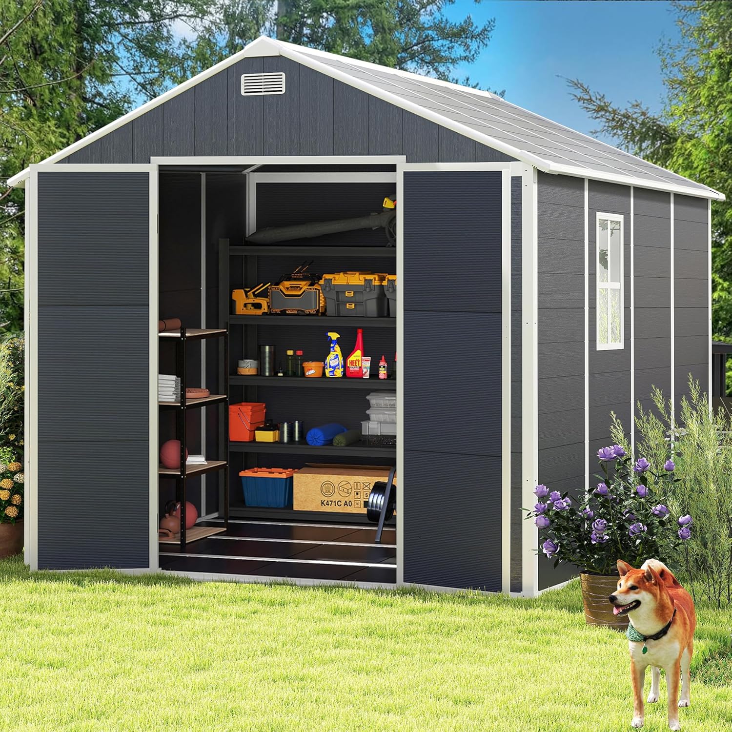 Resin Storage Shed 8x8ft, Outdoor Storage Sheds with Floor, Window, Lockable Doors and Vents, 12mm Thick pp Board, Large Storage Space Tool Shed for Bike, Garden, Backyard, Lawn (Dark Gray, 8 * 8ft)