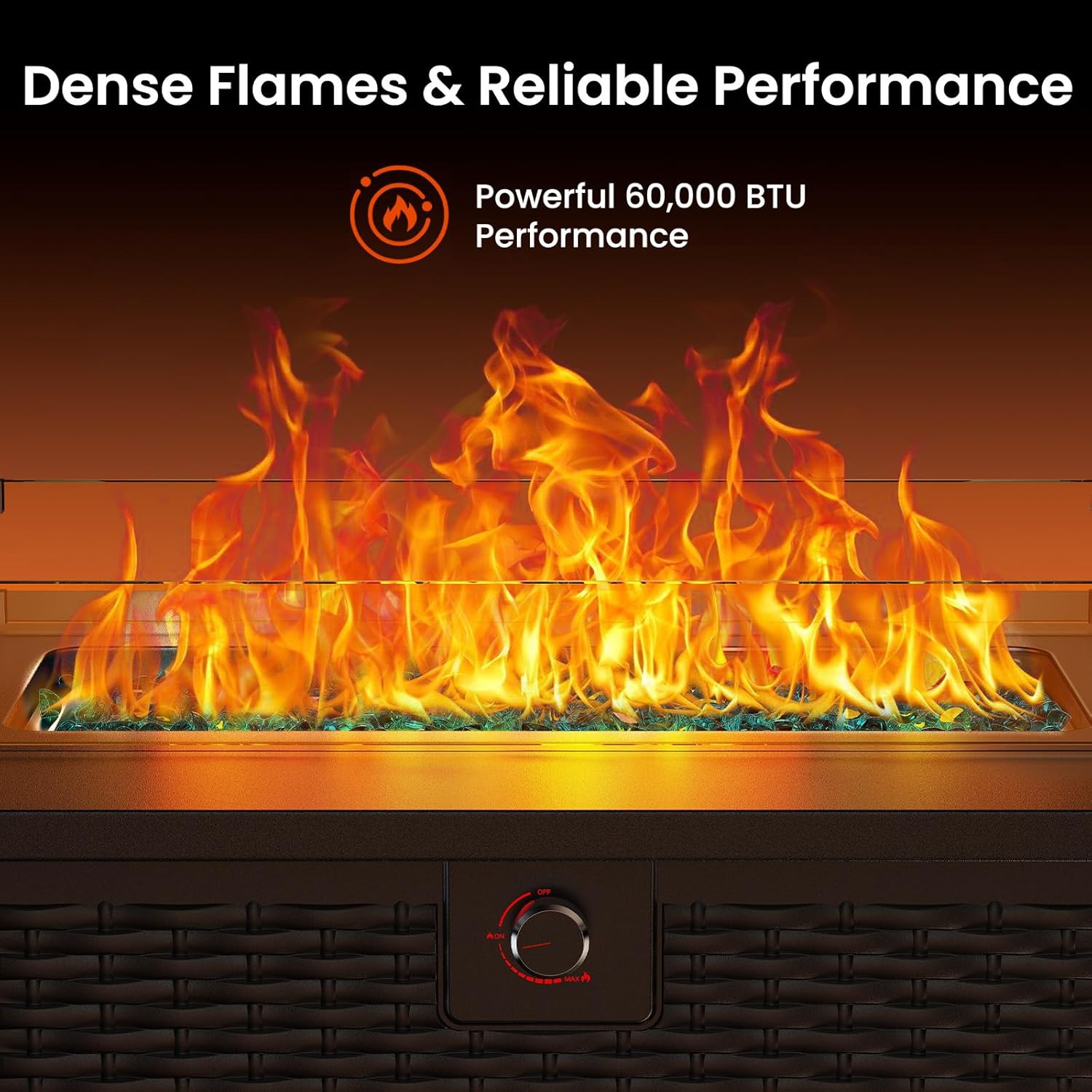 AMADA HOMEFURNISHING 43 Inch Propane Fire Pit Table, 60,000 BTU Gas Fire Pit with Premium Glass Rocks, Wind Guard Glass Shield, Waterproof Cover, Cup Holders, Fire Table for Patio and Garden