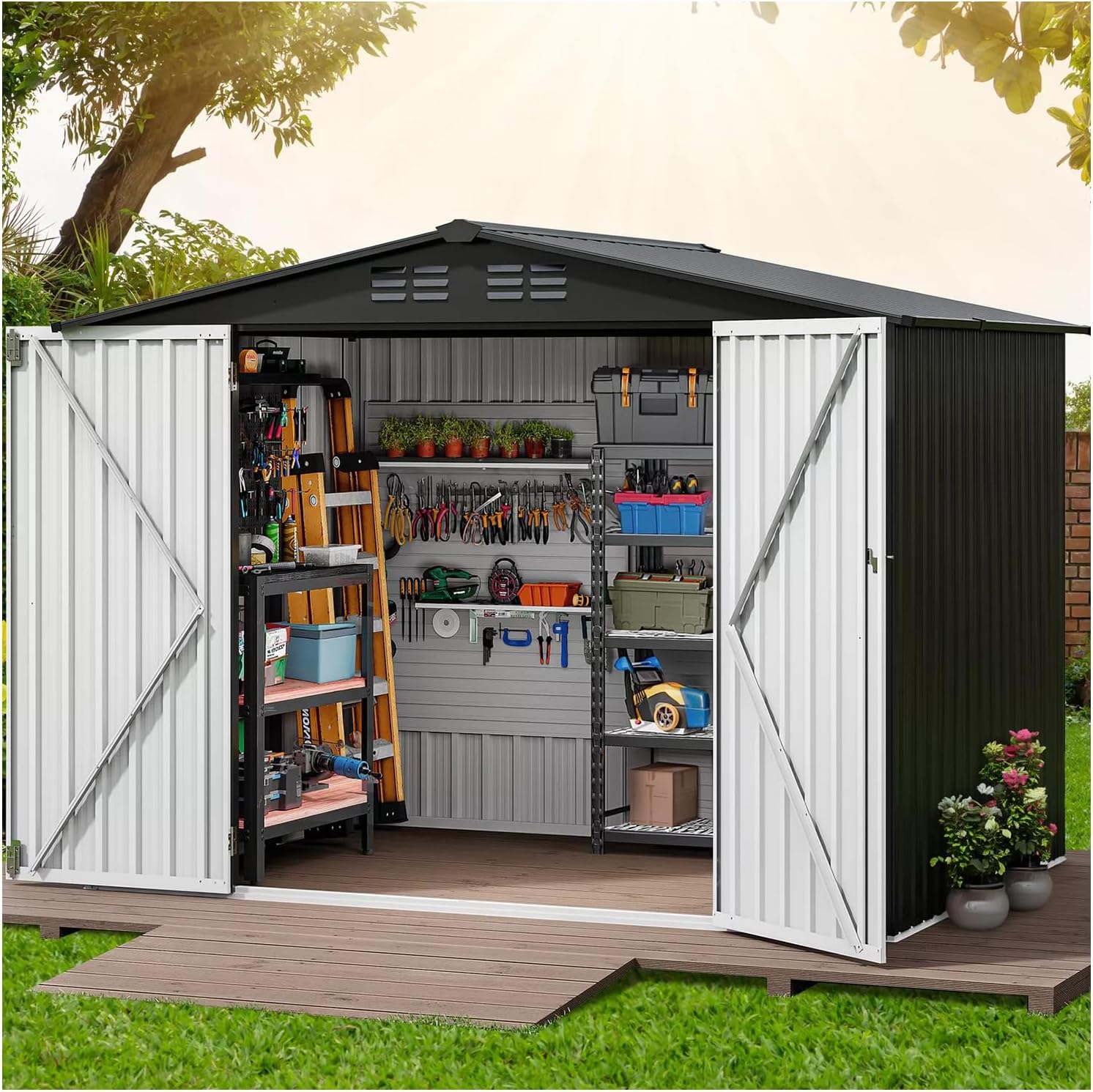 Black and Silver 8x8 FT Two Tone Outdoor Large Storage Shed Metal Tool Sheds Heavy Duty House Patio Tool Garden Waterproof All Weather Hinged Doors Lockable Rust Protection 92.5