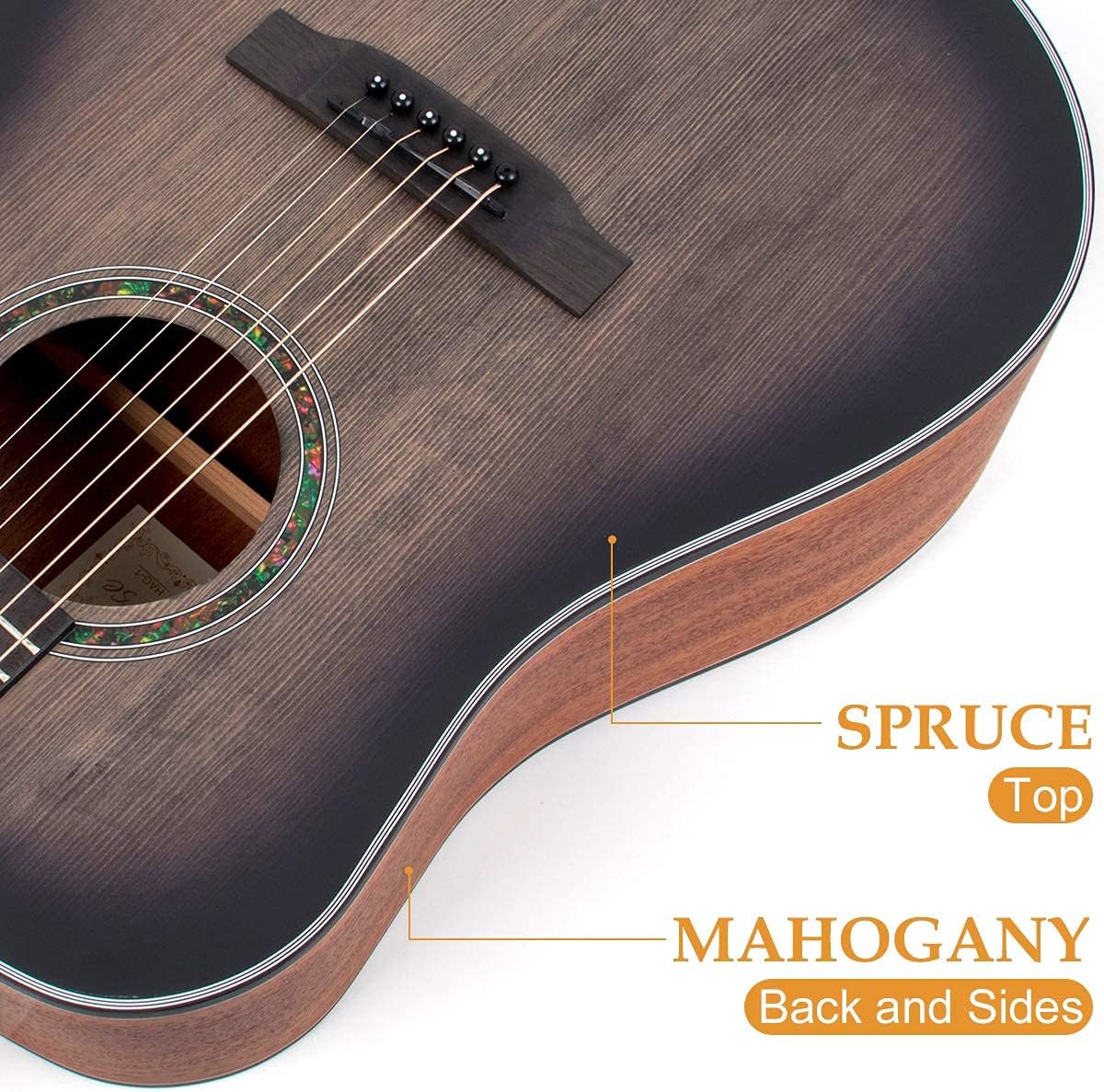 lotmusic 41 Inch Acoustic Guitar Full-size Dreadnought Professional Cutaway Folk Guitarra Bundle 6 Metal Strings with Beginner Kit (Gig Bag, Tuner, Strap, Picks all accessories