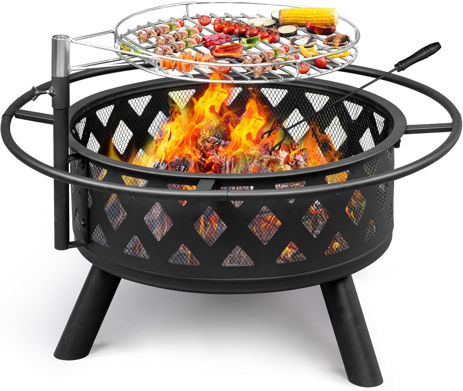 VINGLI Outdoor Fire Pit with Grill, 2 in 1 Wood Burning Fire Pit with Swivel Cooking Grate, Outdoor Fire Pit for Chrismas Backyard Patio Outside Picnic BBQ Party (Black, 30 in)