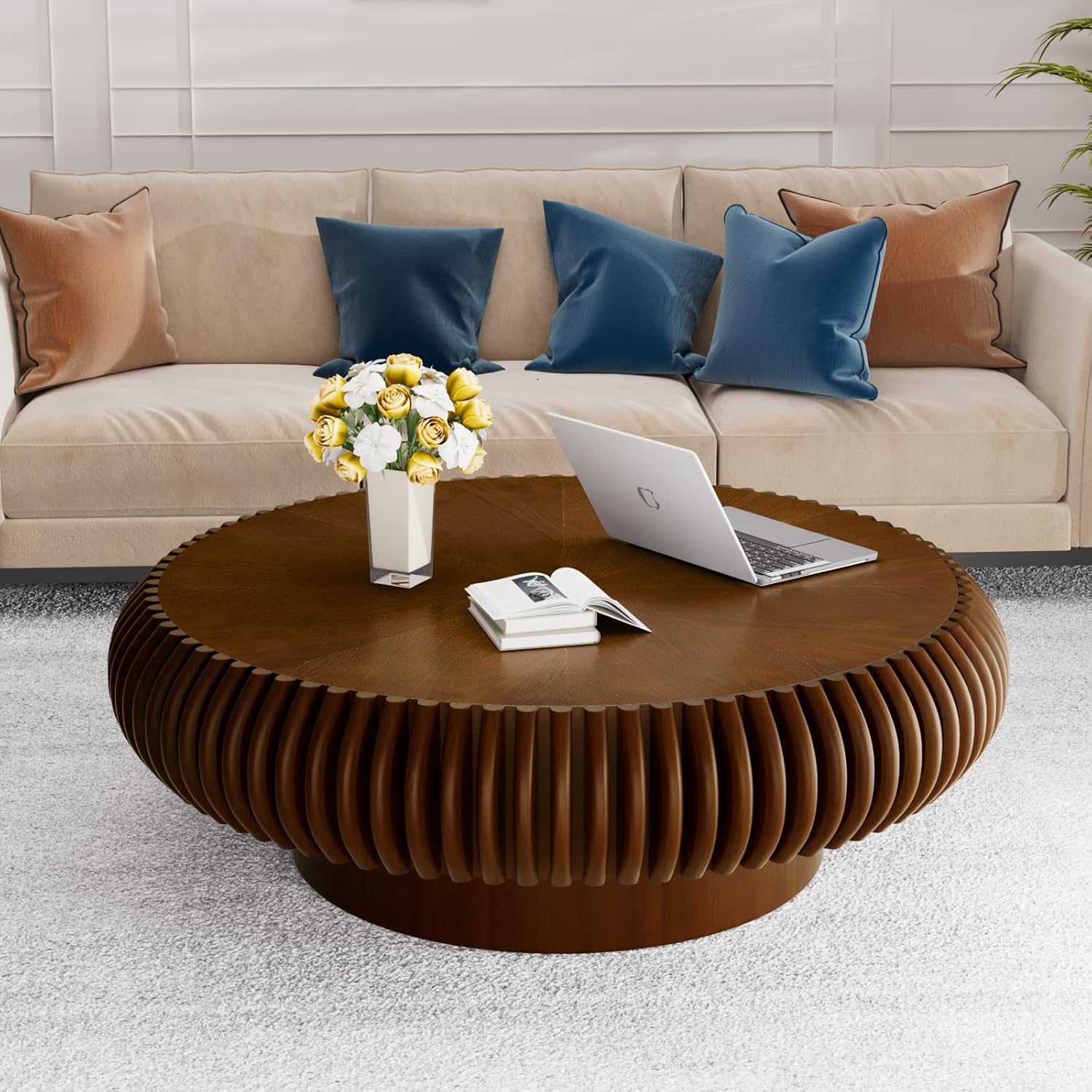 Handcrafted Solid Wood Round Grooved Coffee Table Modern Curved Fluted Drum Center Table Stylish Focal Point for Contemporary Living Room (C Walnut 100cm)