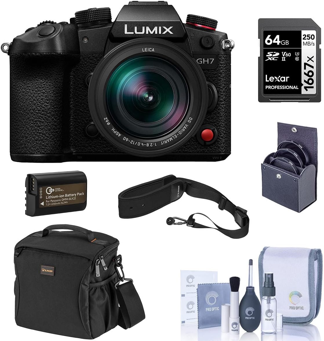 Panasonic LUMIX GH7 Camera with LUMIX G Leica DG Vario-Elmarit 12-60mm f/2.8-4 Lens, Bundle with 64GB Memory Card, Li-Ion Battery and 62mm Filter Kit