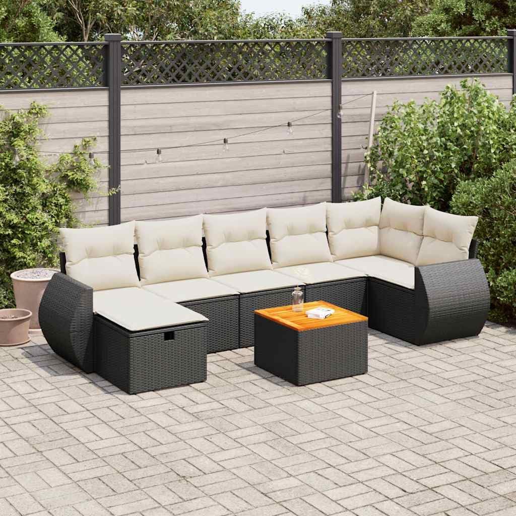8-Piece Garden Sofa Set Black Poly Rattan, Cream White Cushions, Modular Outdoor Patio Furniture Dining Table Set for Balcony