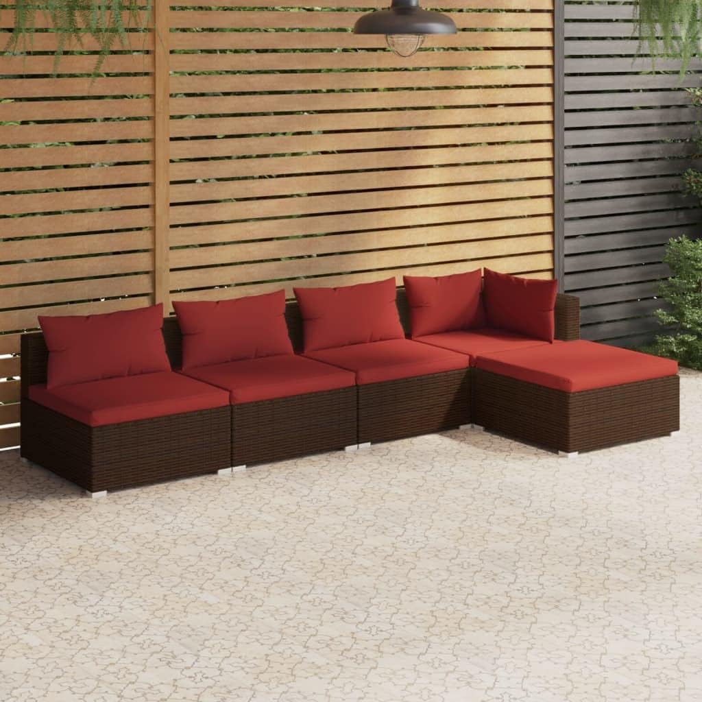 5 Piece Patio Lounge Set with Cushions Poly Rattan Brown,Stylish and Durable Patio Lounge Set: for Outdoor Relaxation and Comfort Patio Furniture, Outdoor Furniture Sets