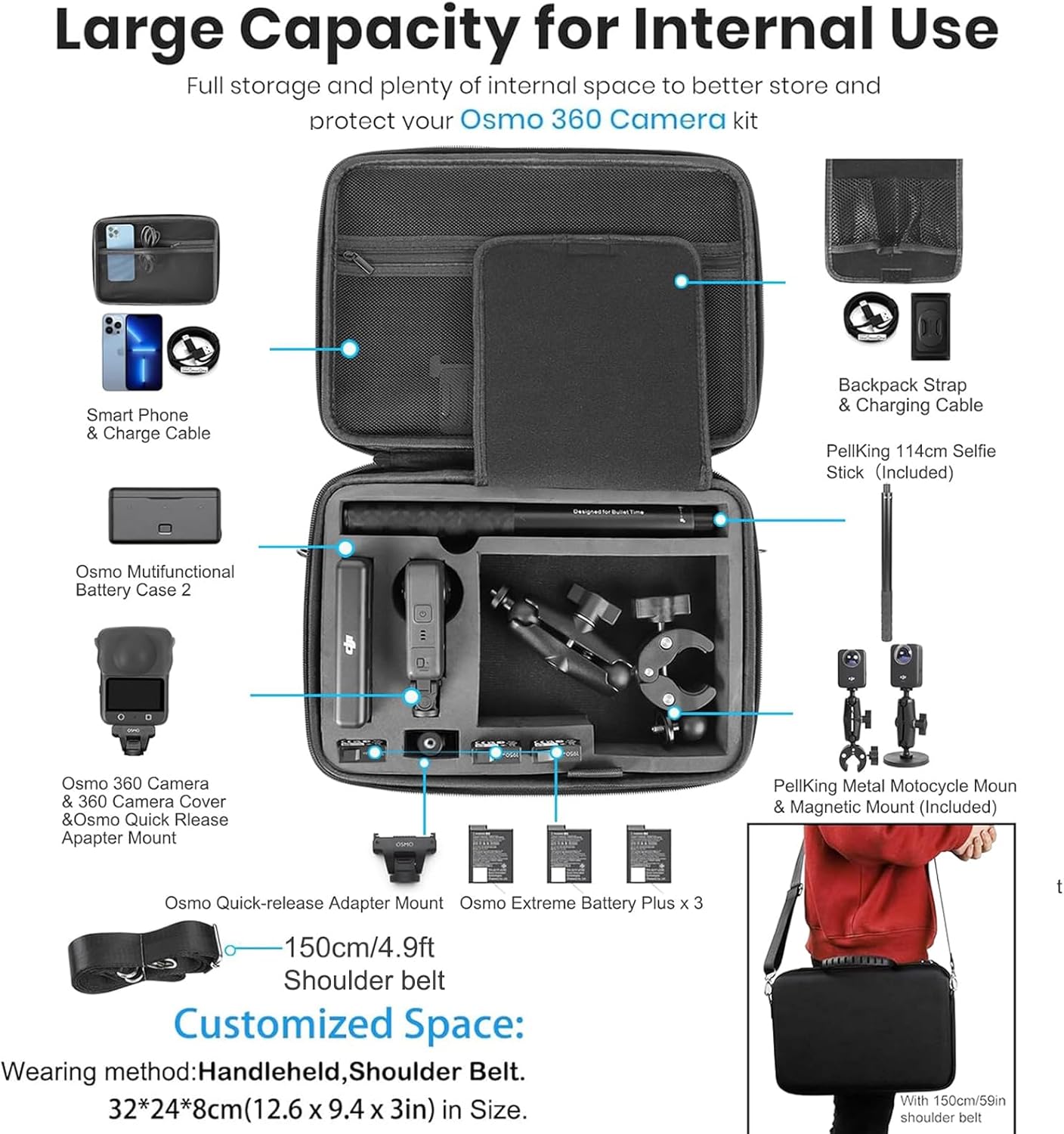 PellKing Accessories Kit for DJI Osmo 360,Included Carrying Case with Belt,2 Pcs Metal 1/4