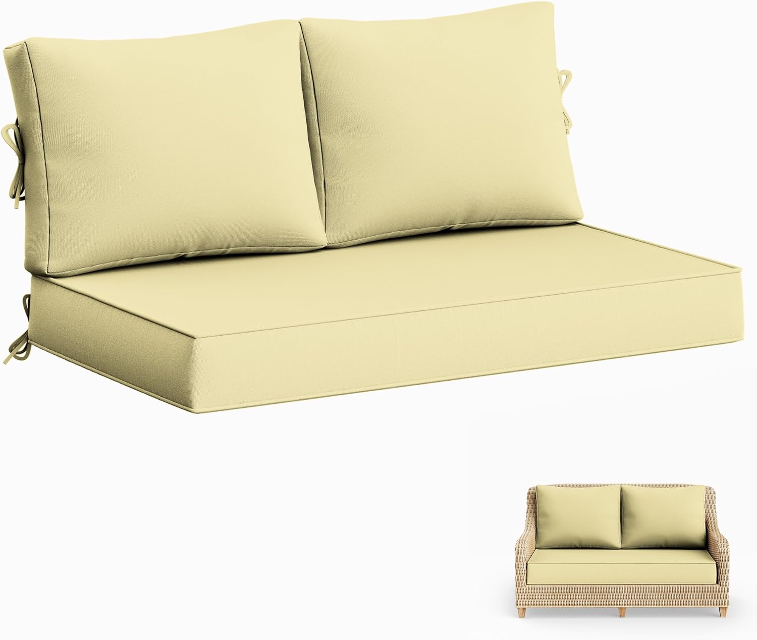 Outdoor Loveseat Cushion Set 46x26x5 Inch Waterproof Weather & Fade Resistant Furniture Cushions, Removable Deep Seat Cushions with Zipper & Non-Slip Straps for Patio, Sofa, Garden Chair, Light Yellow