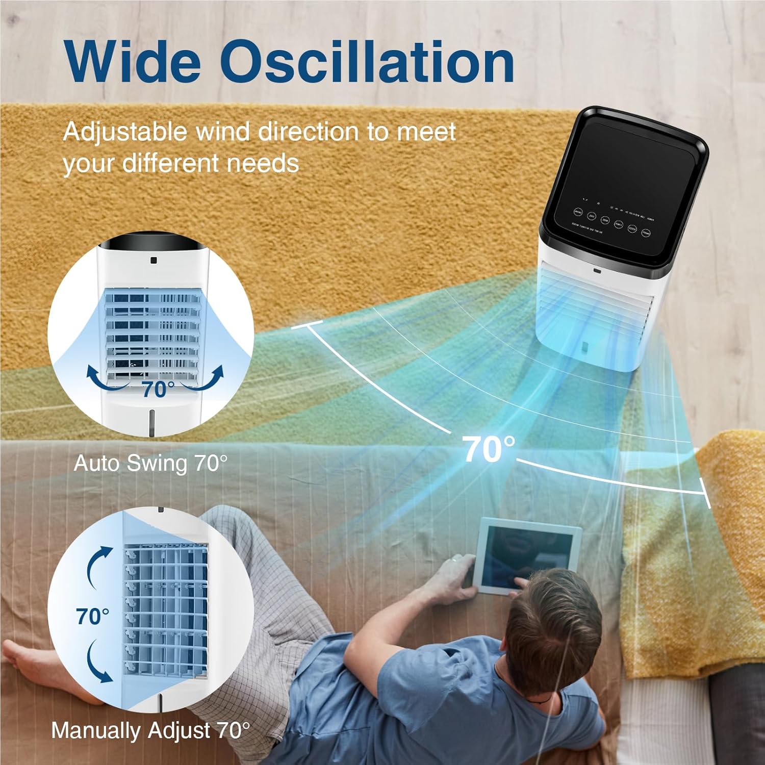 Evaporative Air Cooler, 3-in-1 Air Cooling Fan w/ 3.5L Water Tank & 2 Ice Packs, Remote Control, 4 Modes, 3 Speeds, 12H Timer, 70° Oscillation, Portable Swamp Cooler for Bedroom Home Office