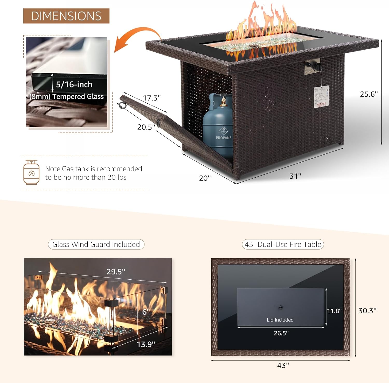 NICESOUL Wicker Outdoor Fire Pit Table Natural Gas/Propane, 43'' Rectangular Firepit Table for Outside, 60000 BTU Patio Fireplace Tables with Windguard&Glass Rocks&Cover, Modern CSA Firepits, Brown