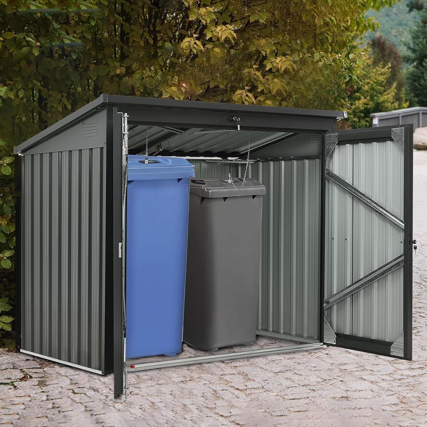 Garden Yard Lawn Outdoor Metal Storage Shed for 2 Trash Cans - Galvanized Steel Garbage Bin Shed with Lockable Door and Sloping Roof Design - Ideal for Trash Storage, Garden Tools (Black)