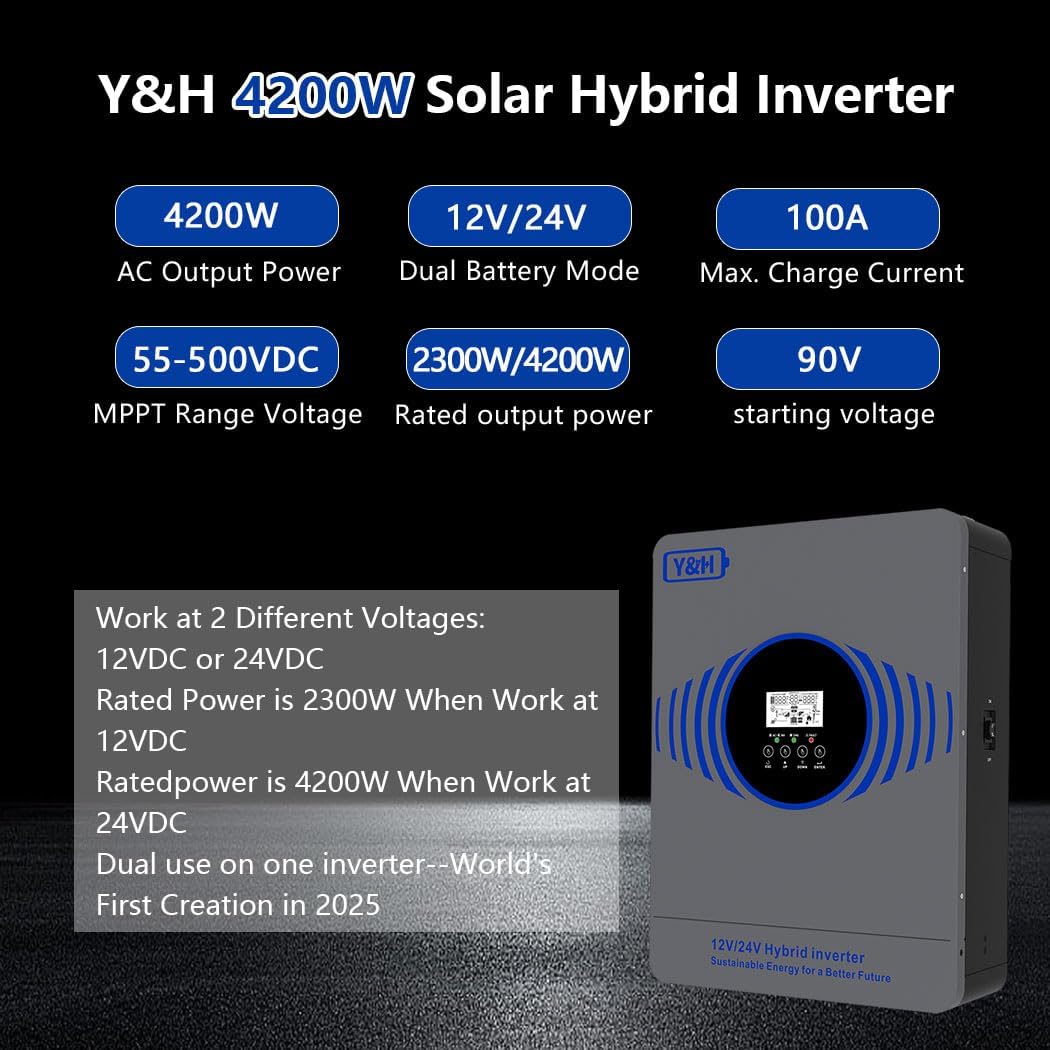 Y&H 4200W Hybrid Solar Inverter AC230V to DC12V/24V Dual Voltage Pure Sine Wave Off-Grid Inverter, Built-in 100A MPPT Controller, Max PV Power 4000W Input with BMS /RS485, for Home/RV/Backup Power