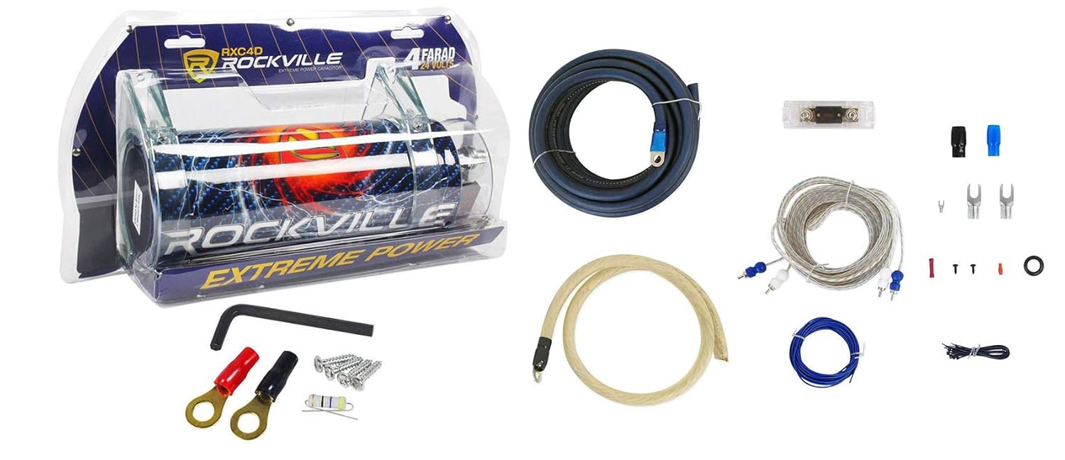 Rockville RXC4D Bundle: 4 Farad Digital Car Audio Power Capacitor with Blue LED Voltage Display, RWK01 0 Gauge Complete Amplifier Wiring Installation Kit with RCA Cables, 2-Items