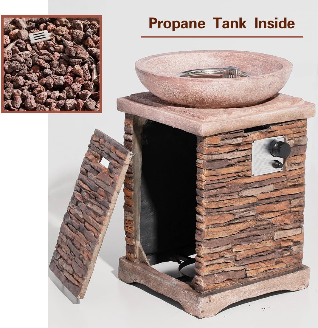 AQUILLA Propane Gas Fire Pit, Stone Imitation Surface, Outdoor 40000 BTU Heater w Free Lava Rocks and Rain Cover, Can Fits 20 Gal Propane Tank (exclud) Inside for Garden, Poolside, Backyard