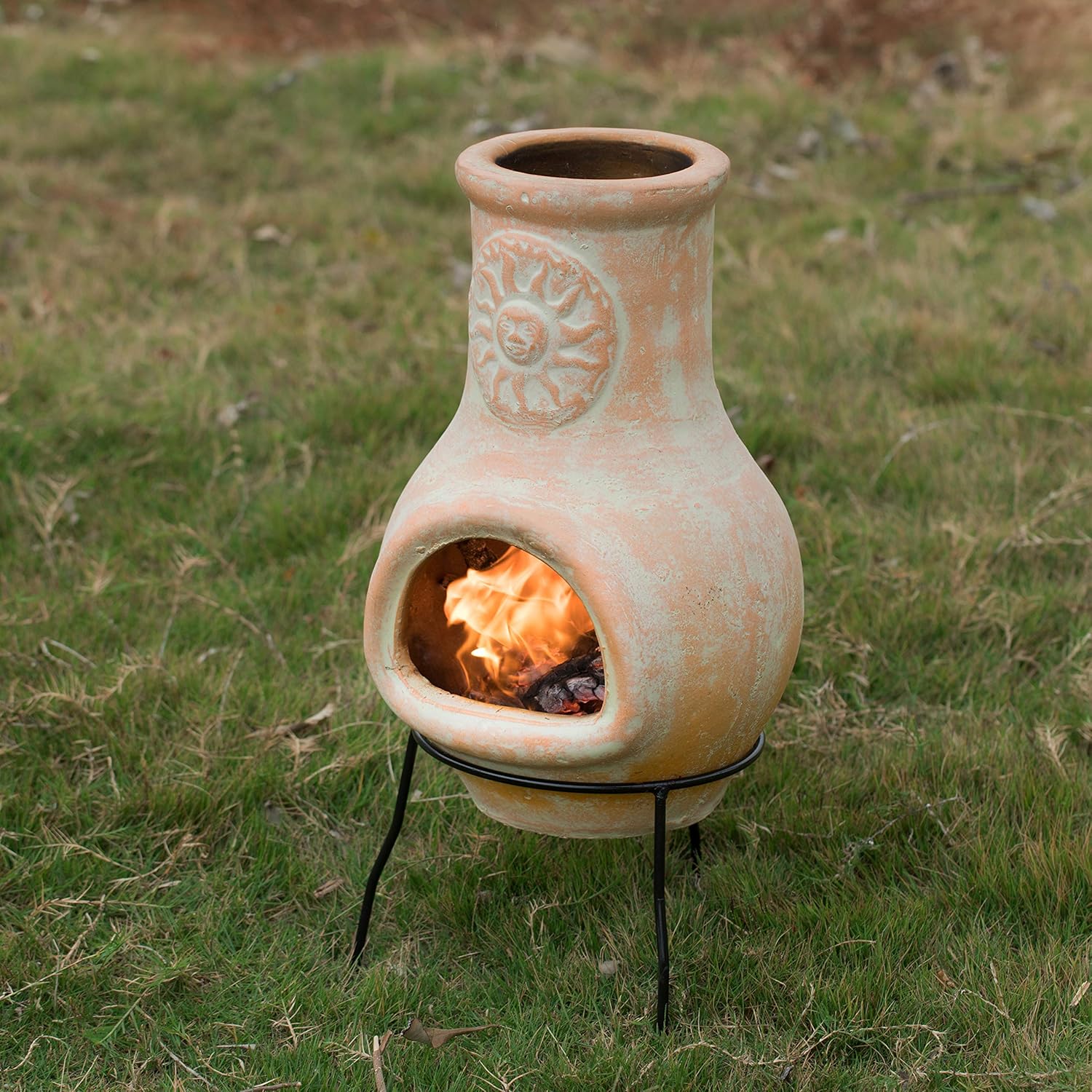 Outdoor Clay Chiminea Sun Design Charcoal Burning Fire Pit with Sturdy Metal Stand