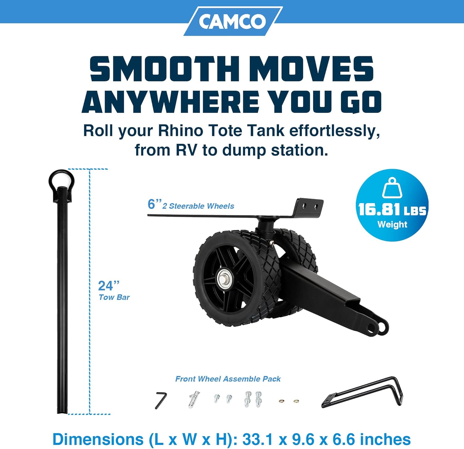 Camco Rhino Steerable Wheel Kit for 28 & 36-Gallon Rhino RV Tote Tanks - Features No-Flat Front Steerable Wheels, 24