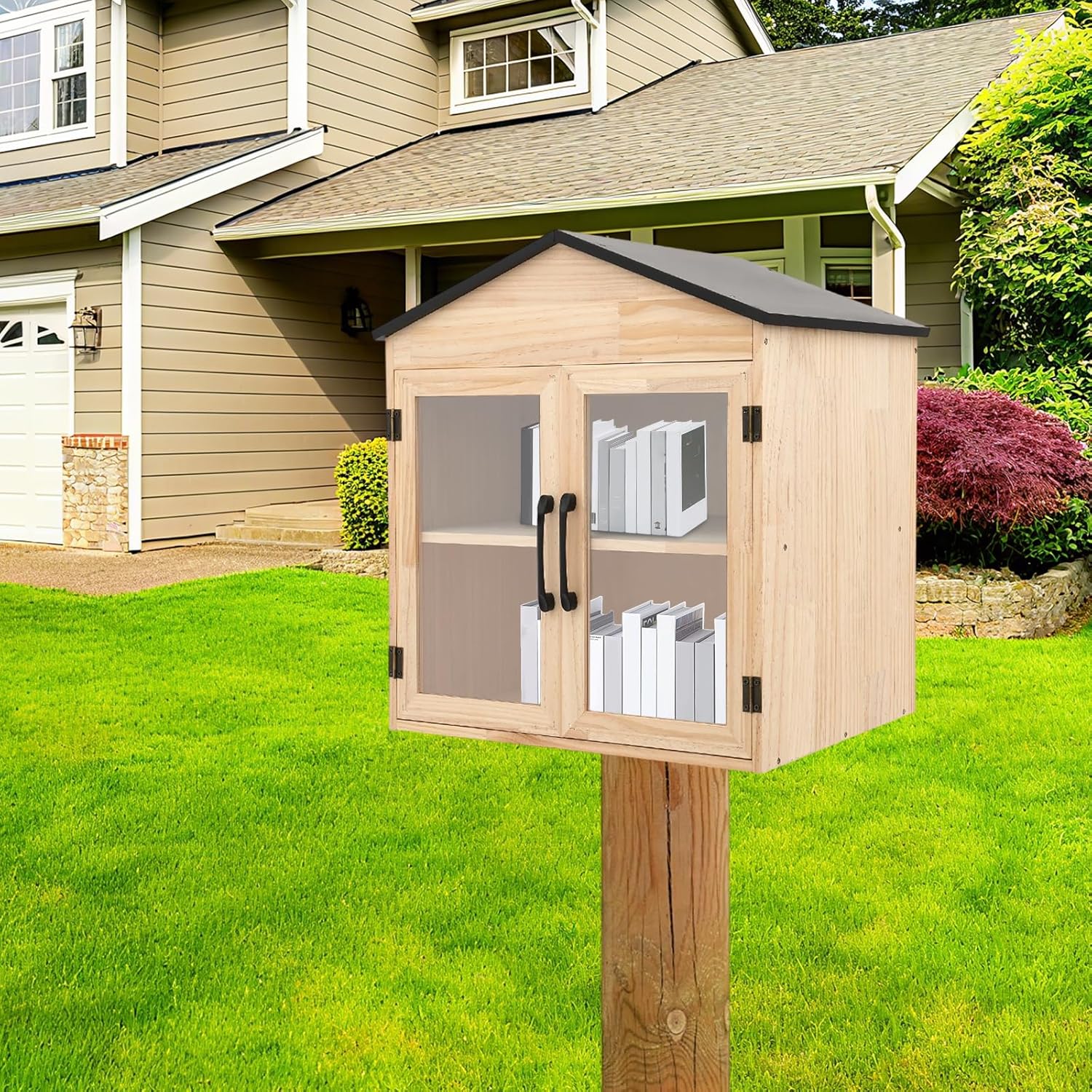 Outdoor Library Box 20x14.3x21.85inch Literature Exchange Box Double Doors DIY Little Wood Cabinet Outdoor Book Storage Cabinet for Neighborhoods Community and Schools Sharing, Gable Roof