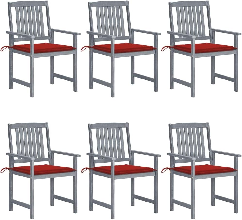 Patio Chairs with Cushions 6 pcs Solid Acacia Wood Gray,Relaxing Gray Wash Acacia Wood Patio Chair Set with Red Cushions for Outdoor Comfort Outdoor Furniture, Outdoor Chairs