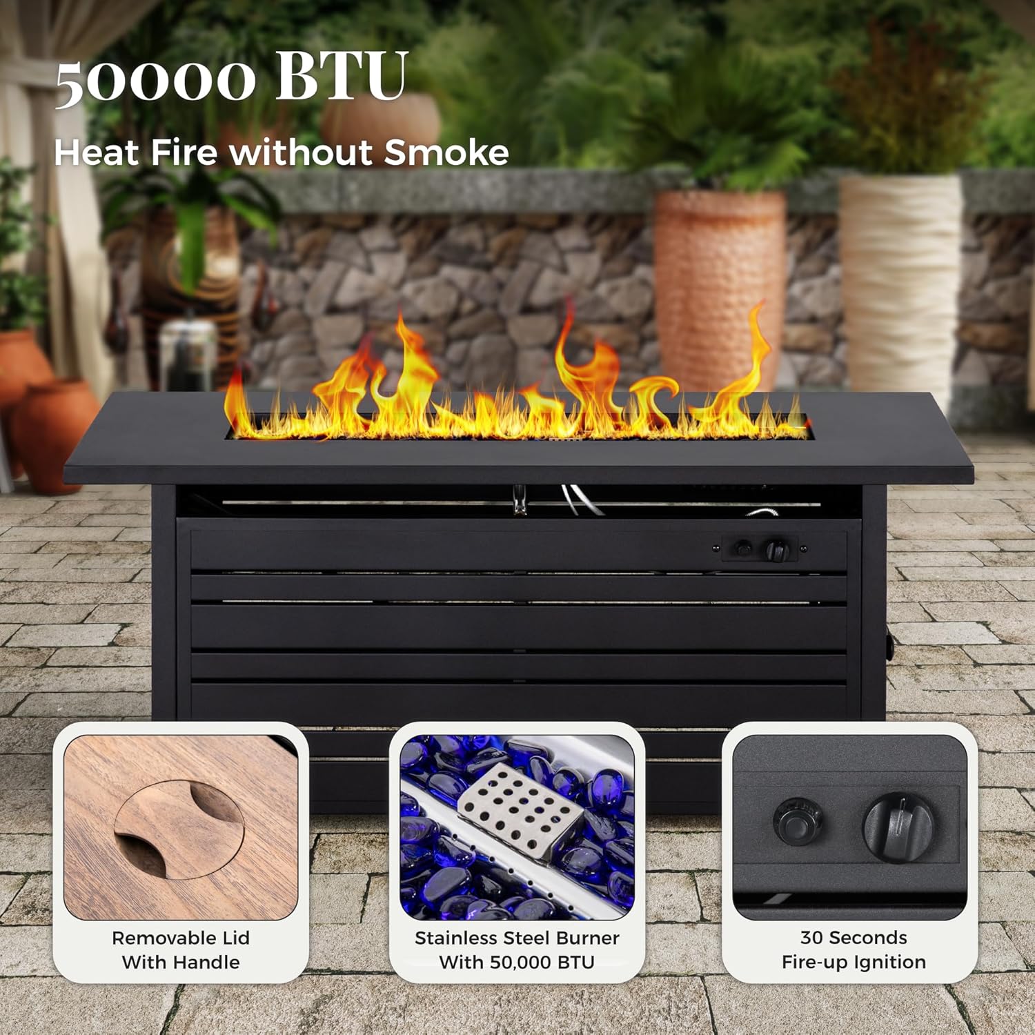 4-Piece HDPE Outdoor Patio Conversation Set, Wicker Patio Conversation Furniture Set with Fire Pit, Patio Sectional Furniture Sets with Thick Cushions for Backyard, Deck, Garden - Black