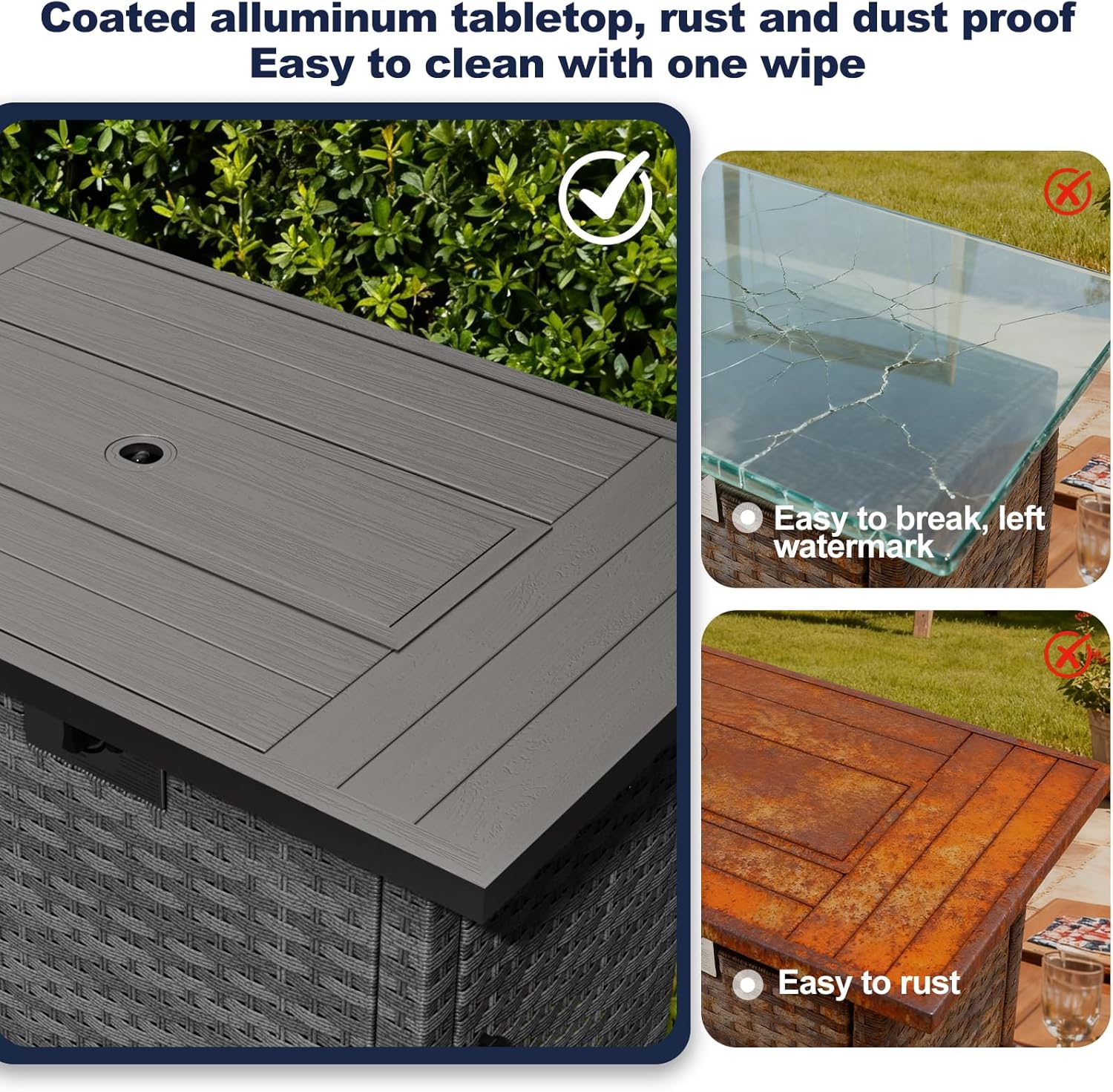 44” Propane Fire Pit Table, CSA Certified 60000BTU Auto-Ignition Patio Fire Tables with Waterproof Cover & Wind Guard, Rectangular Large Wicker Outdoor Firepit Table for Porch,Deck,Backyard,Grey