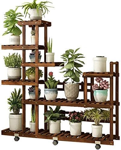 JF-Xuan Flower Stand Wooden Flower Stand, Garden Flower Display, Garden Furniture, Upright 6-Level, Plant Stairs, Wheels, 115 x 25 x 120 cm, Brown