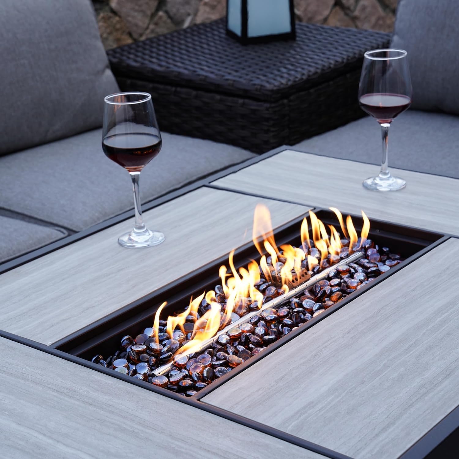 Fangflower Fire Pit Table 43 Inch, 50,000 BTU Outdoor Stainless Steel Propane Firepit with Lid/Lava Rock/Adjustable Flame for Patio, Garden, Backyard,Square, Black