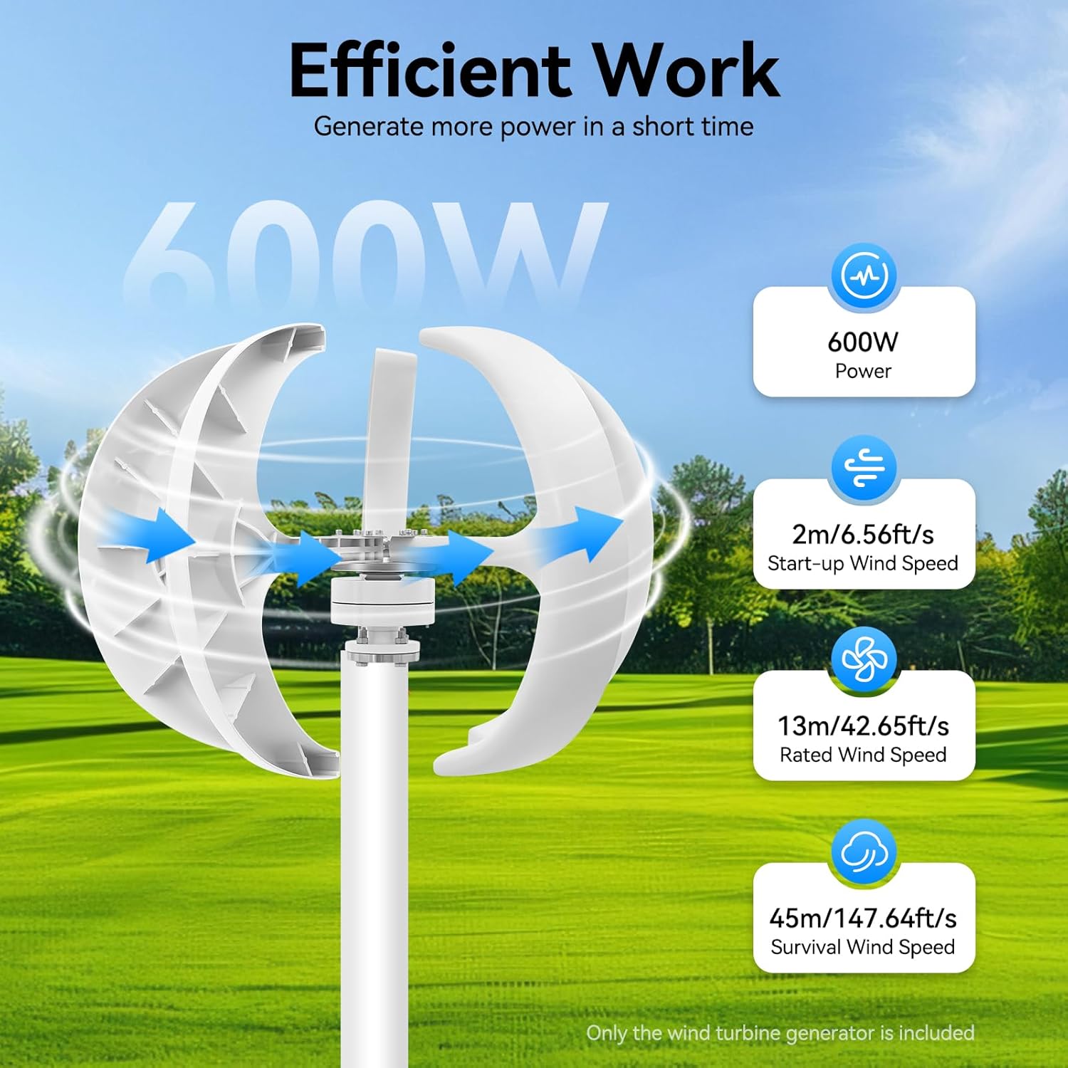 600W 24V Wind Turbine Generator Vertical Axis Garden Boat Wind Motor with Waterproof IP67 Controller for Winds and Solar Complementary Power Generation Systems, White