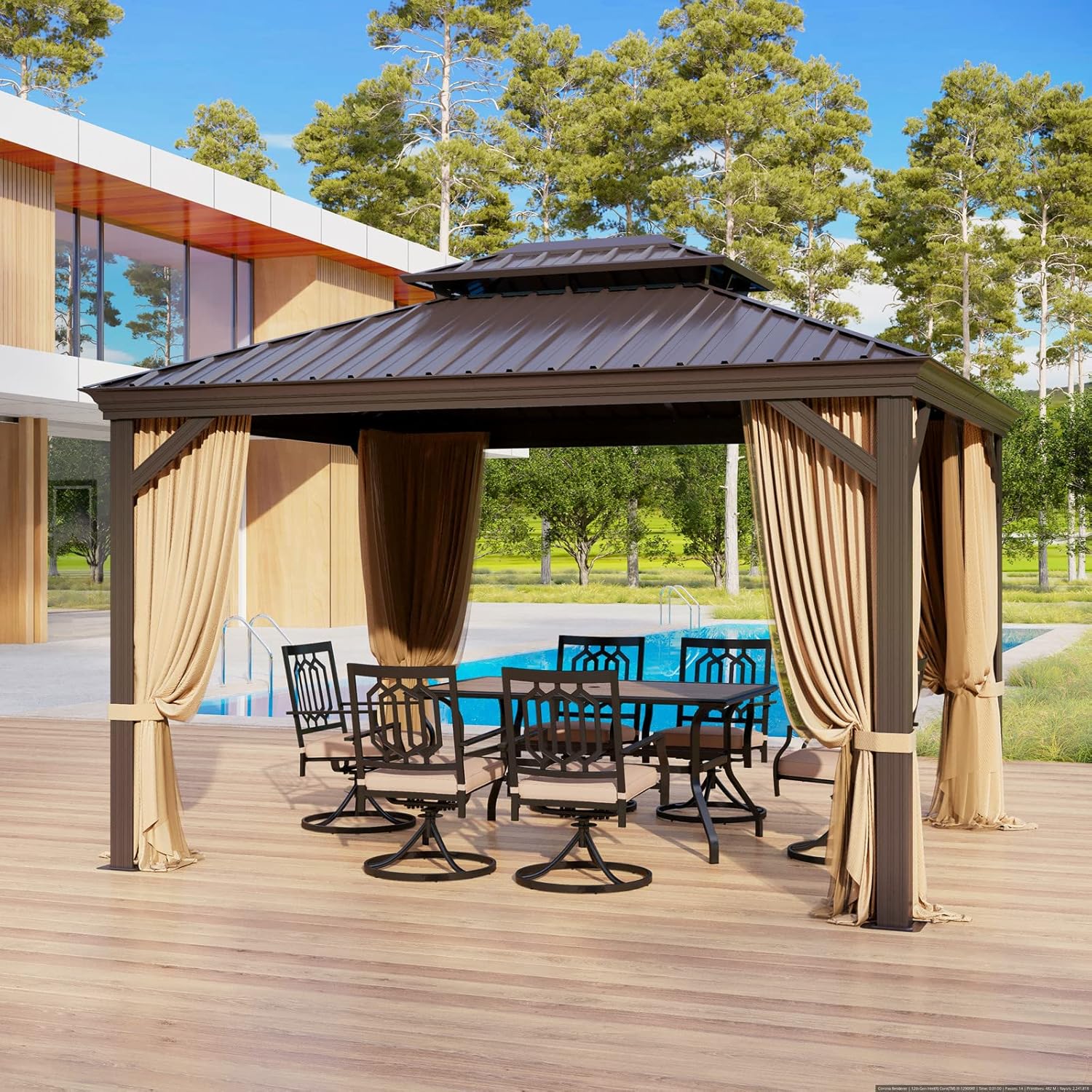 MFSTUDIO 10' x 12' Hardtop Gazebo with Curtains and Netting,Outdoor Polycarbonate Double Roof Canopy, Aluminum Frame Permanent Pavilion for Patios,Gardens,Lawns (Brown)