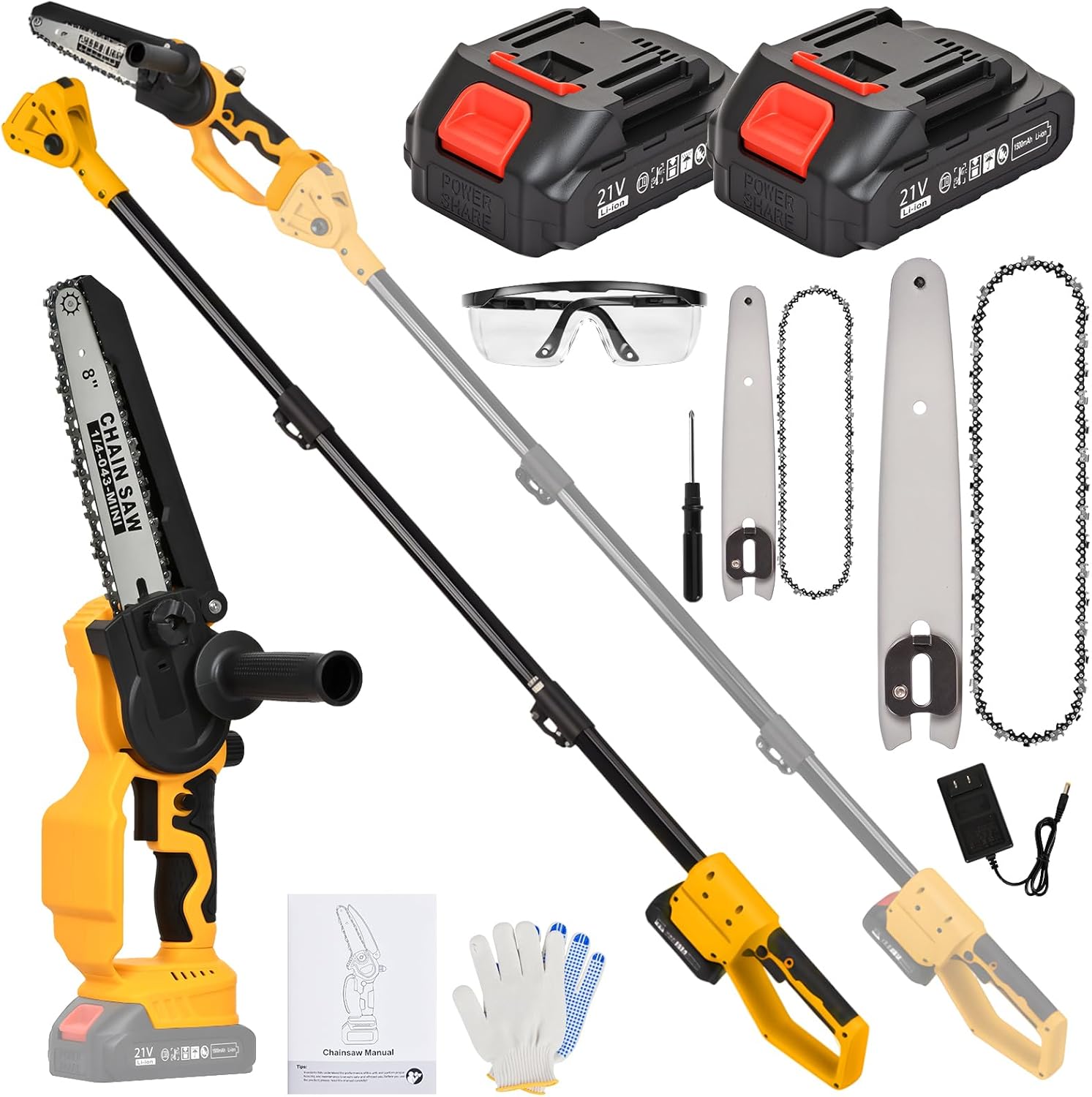 2-in-1 Electric Pole Saw, 6” & 8” Brushless Mini Chainsaw Cordless with Extension Pole & 2 x 21V Batteries, Tree Trimmer Tool for Branch Cutting & Pruning, Home & Garden & DIY