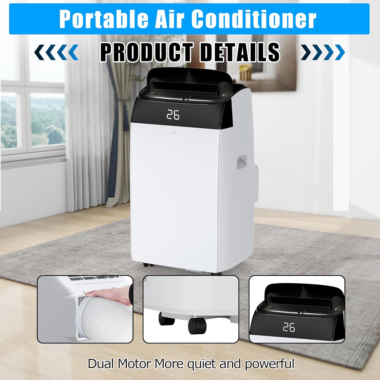 12,000 BTU Portable Air Conditioner - 3-in-1 Mobile AC Unit with Remote Control, Ultra-Quiet 48dB Operation, Covers 550 Sq.Ft, 24/7 Timer, Window Installation Kits for Home/Office/RV Use, Black Top