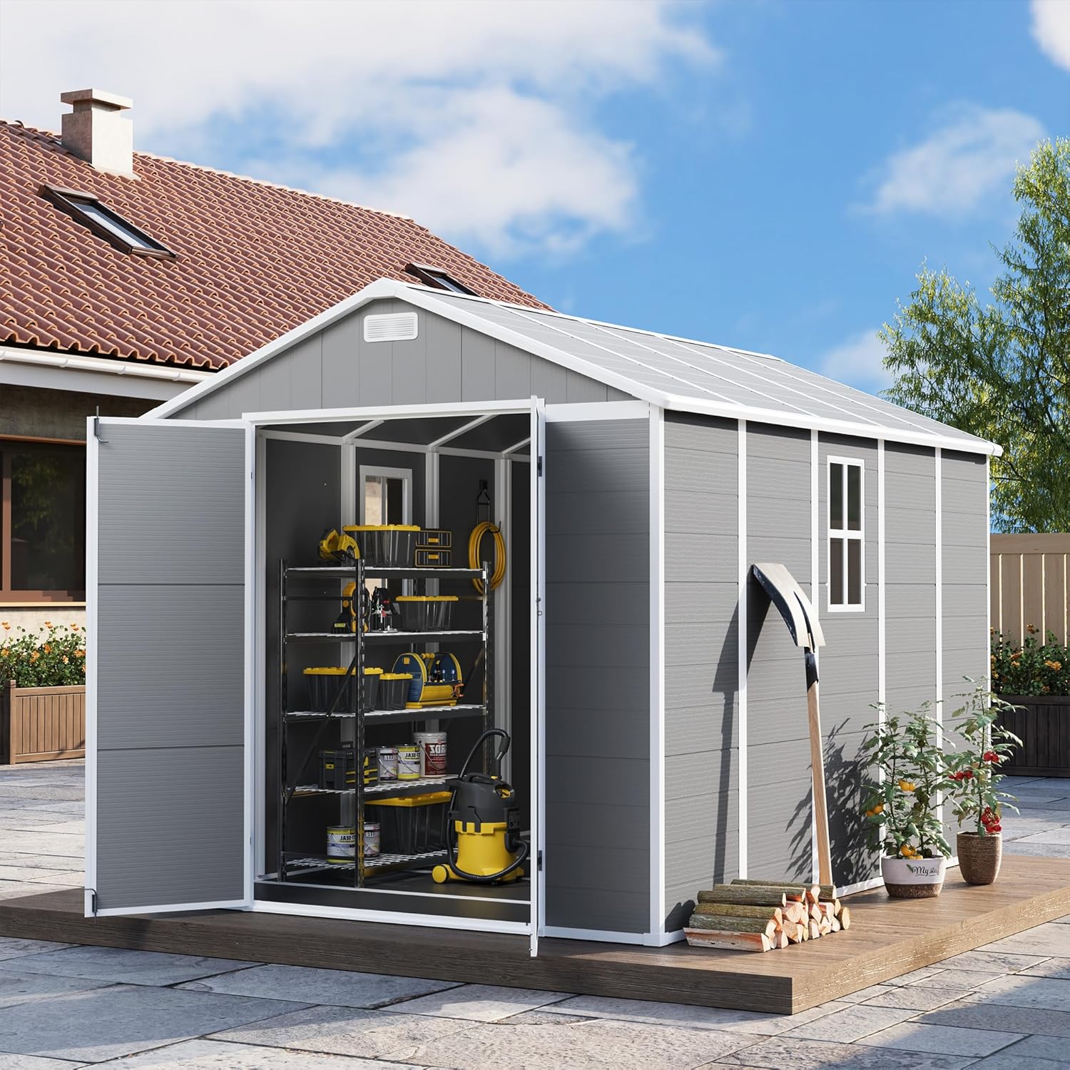 UDPATIO Resin Storage Shed 8 x 10 FT, Plastic Outdoor Garden Sheds with Floor Patio Outdoor Storage with Lockable Door for Tool, Bike, Garbage Gray White
