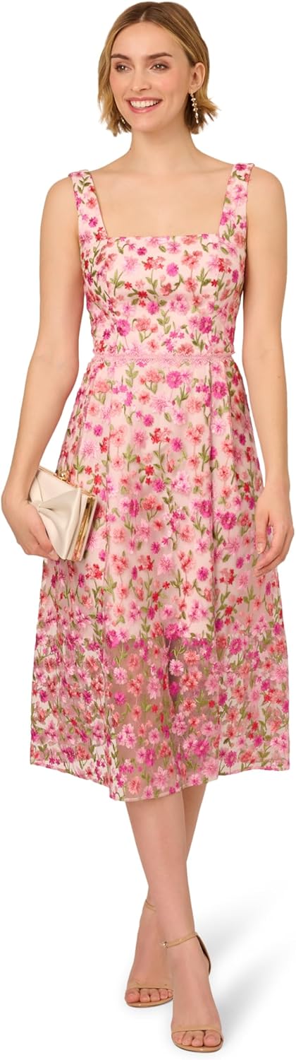 Adrianna Papell Womens Floral Embroidery Midi Dress